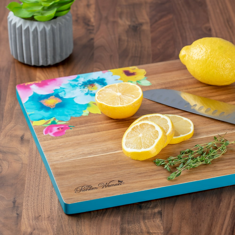 Pioneer Woman Spring Floral 12" x 18" Acacia Wood Cutting Board, Teal