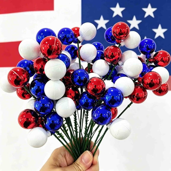 Boovnll Patriotic Berry Stems, 2Pcs Artificial White Blue Red Berry Stems 4th of July Table Decorations for Home, Dining Table Centerpiece Decor, 4th of July Decorations
