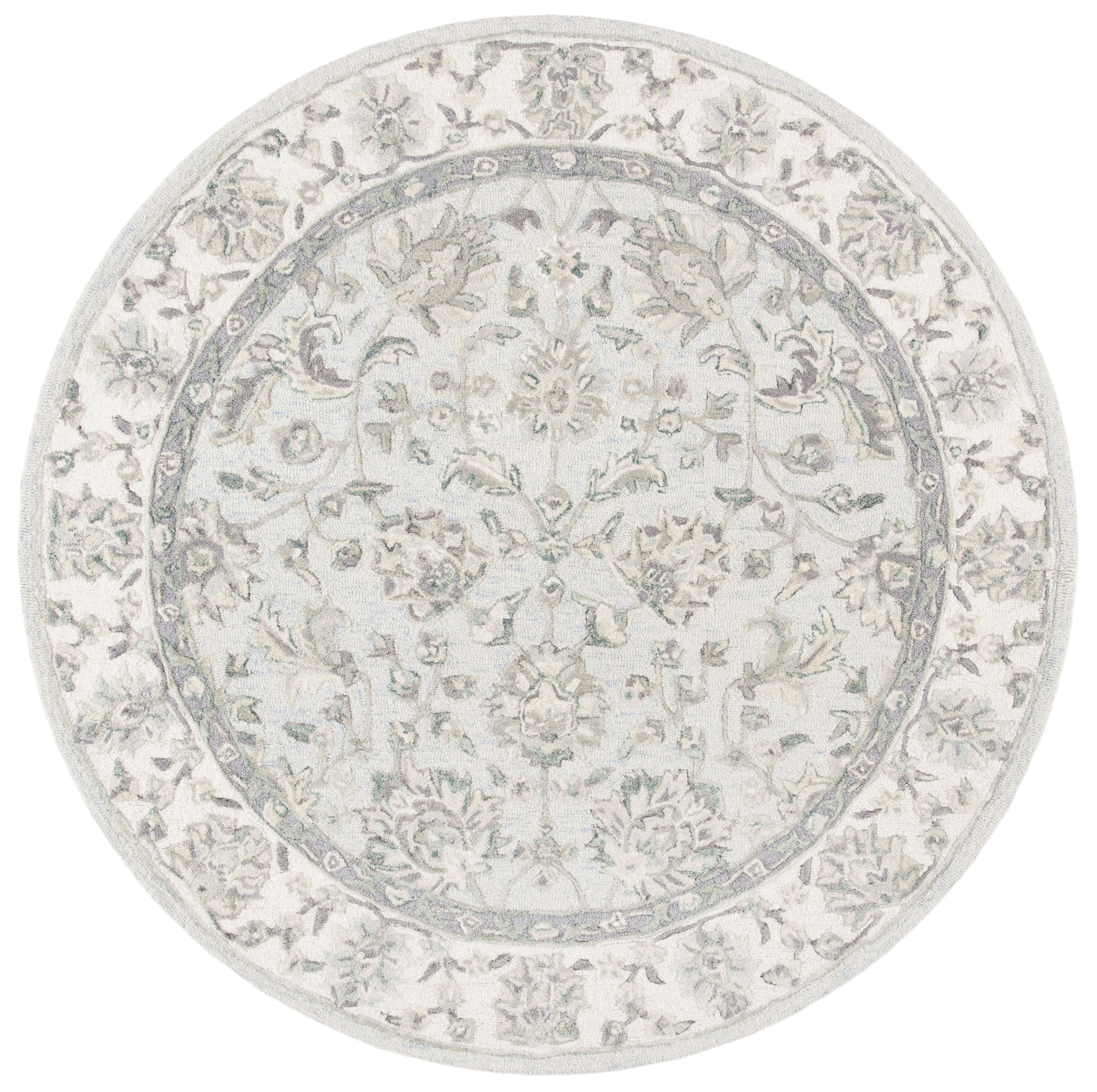 SAFAVIEH Glamour Pierce Floral Bordered Wool Area Rug, Light Blue/Ivory, 6' x 6' Round