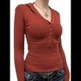 thumbnail image 1 of Suéteres de Mujer, Camisetas de Punto Acanalado con Cuello en V y Larga, Blusas Casuales con Botones, Tendencia de Otoño 2025. Rojo Óxido L, 1 of 7