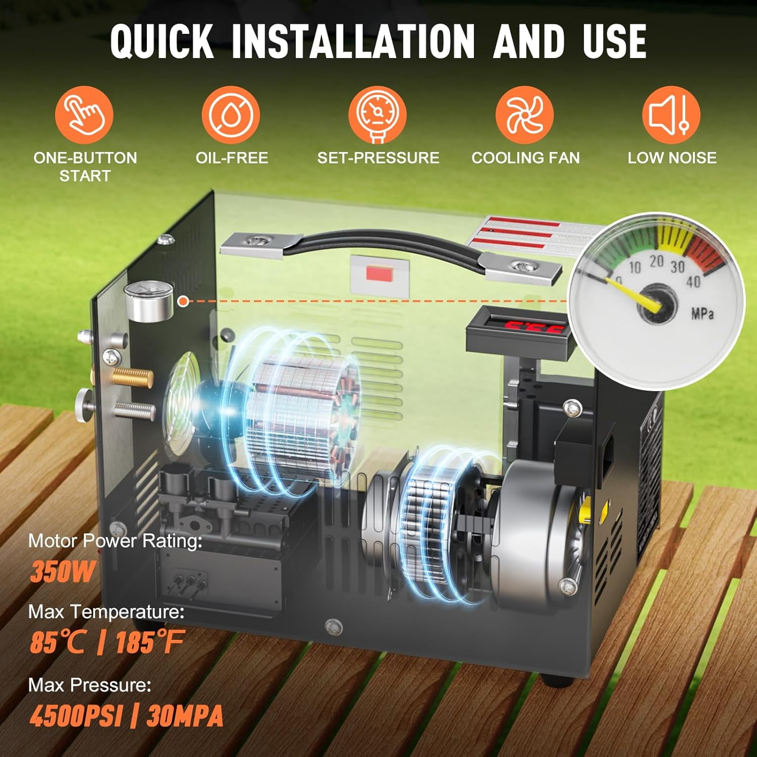 PCP Air Compressor, Portable 4500Psi / 30Mpa Pump, Supports 12V DC or 110V / 220V AC, Oil/Water-Free(Manual-Stop)