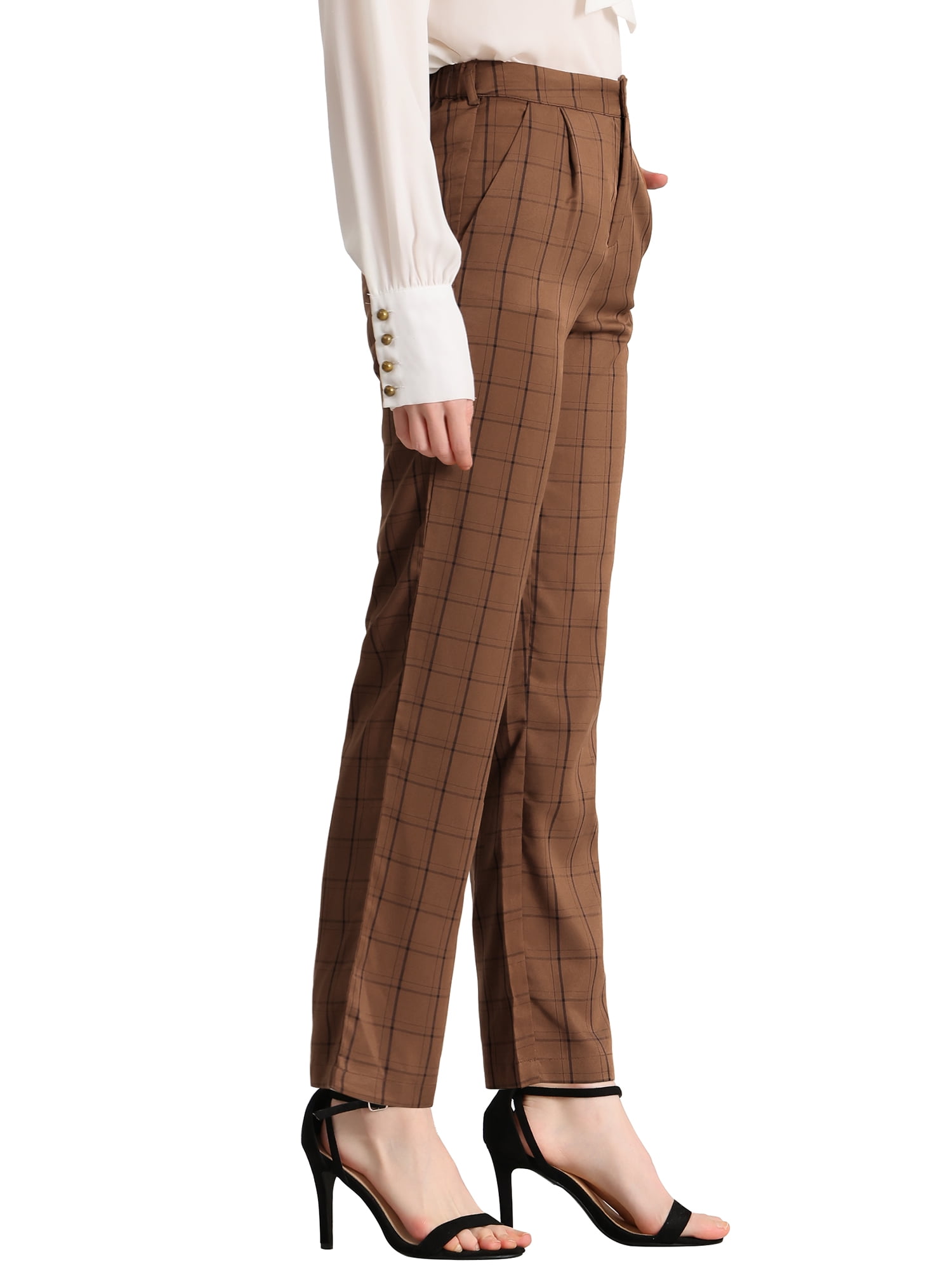 DARING DIVA Women's Plaid Trousers Pockets Straight Leg Casual Pant M Dark Brown black
