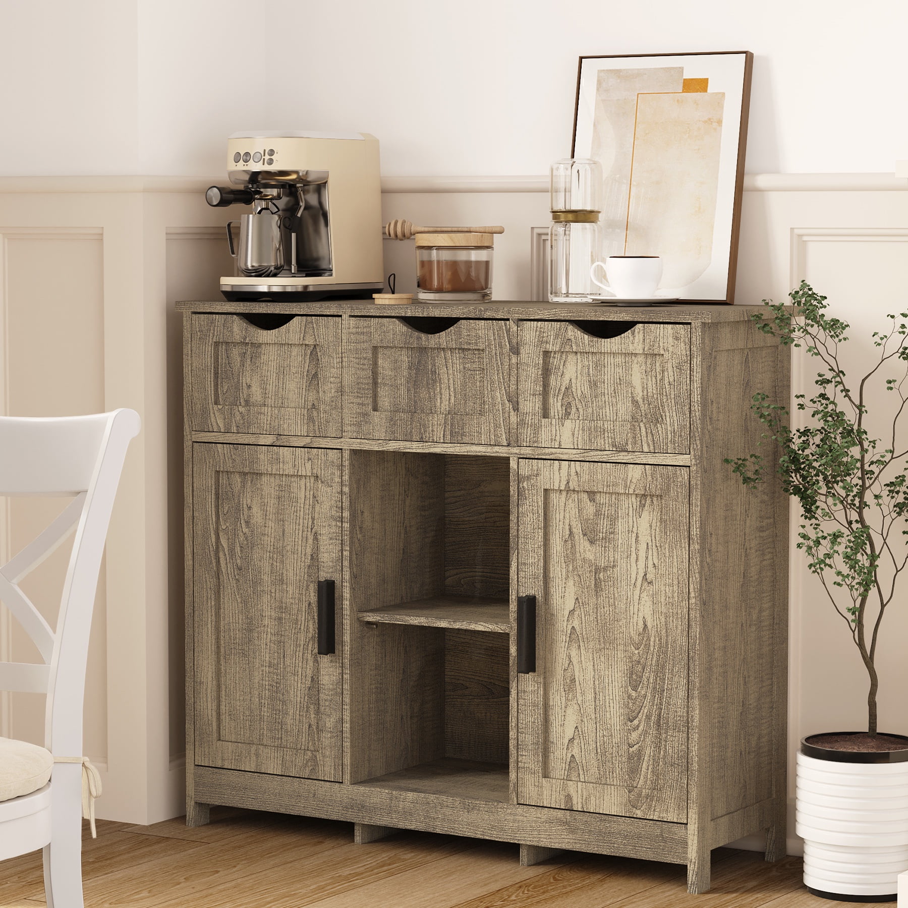 PORKISS Grey Floor Storage Cabinet, Wood Accent Cabinet with Drawers and Adjustable Shelves Storage, Modern Pantry Cabinet for Kitchen, Bathroom, Living Room