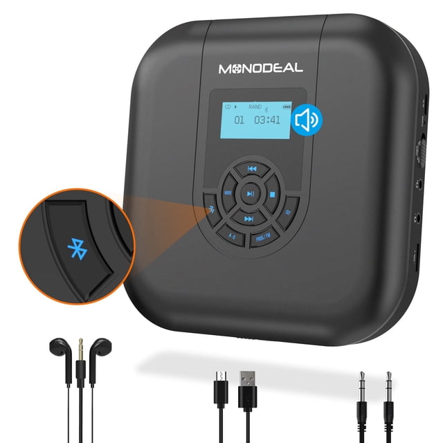 Reproductor de CD portátil MONODEAL Bluetooth con altavoces de 1800 mAh