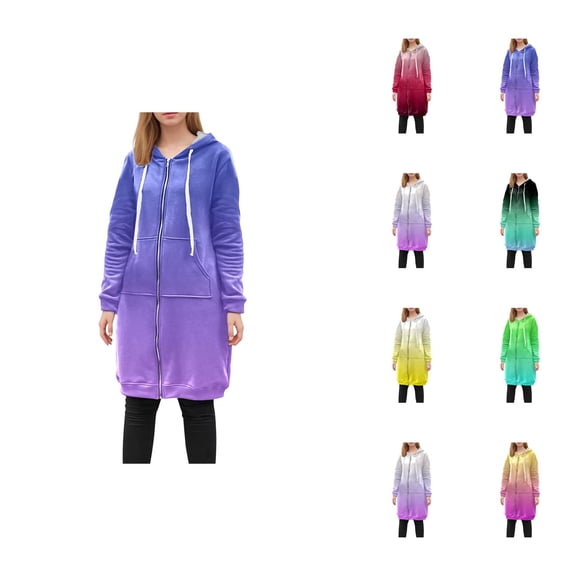 Long Hoodies for Women 2025 Fall Winter Long Sleeve Zip Up Gradient Hooded Sweatshirt with Pockets Jacket Coat
