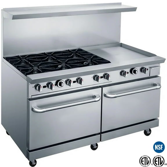 NSF 60 in. Commercial Propane Gas Oven Range, 6-burner stove& 24'' Griddle, Double Ovens Multipurpose Restaurant Range