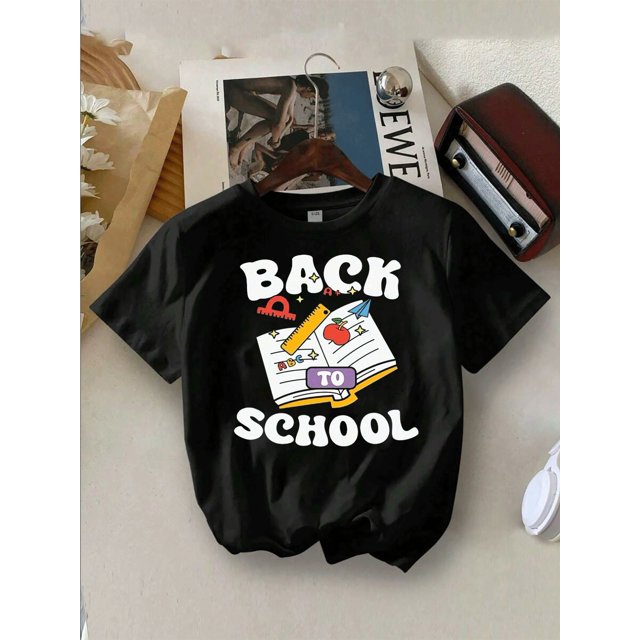 Boy's Back To School Cute Print TShirt Fun Apple, Ruler, Book Design For Kids' Casual Wear Summer Outfit, School Outfit, Playtime Outfit