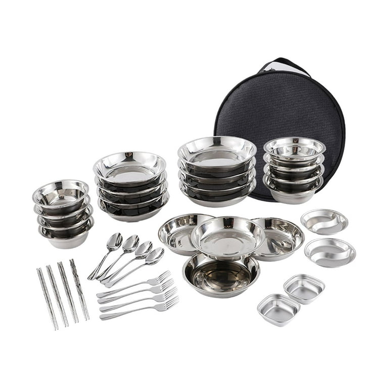 Stainless Steel Plates and Bowls Camping Cutlery Set Dishes