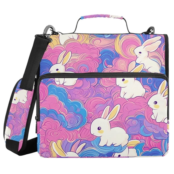 3 Ring Zipper Binder with Shoulder Strap Waterproof Trapper Keeper 2 Inch D-Ring 500 Sheets Capacity Colorful Cloud with Cute Bunnies