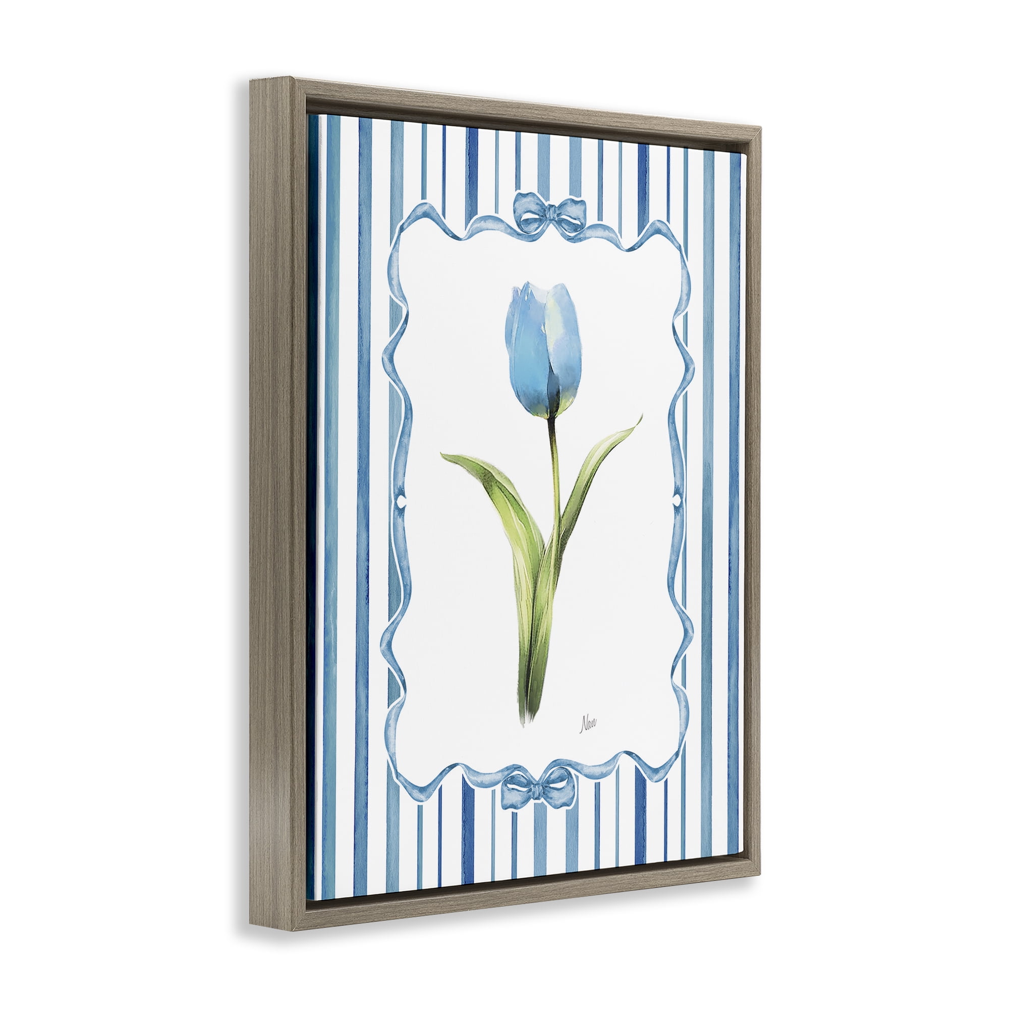 Stupell Industries Single Blue Tulip Stripes Brown Framed Floater Canvas Wall Art, design by Nan