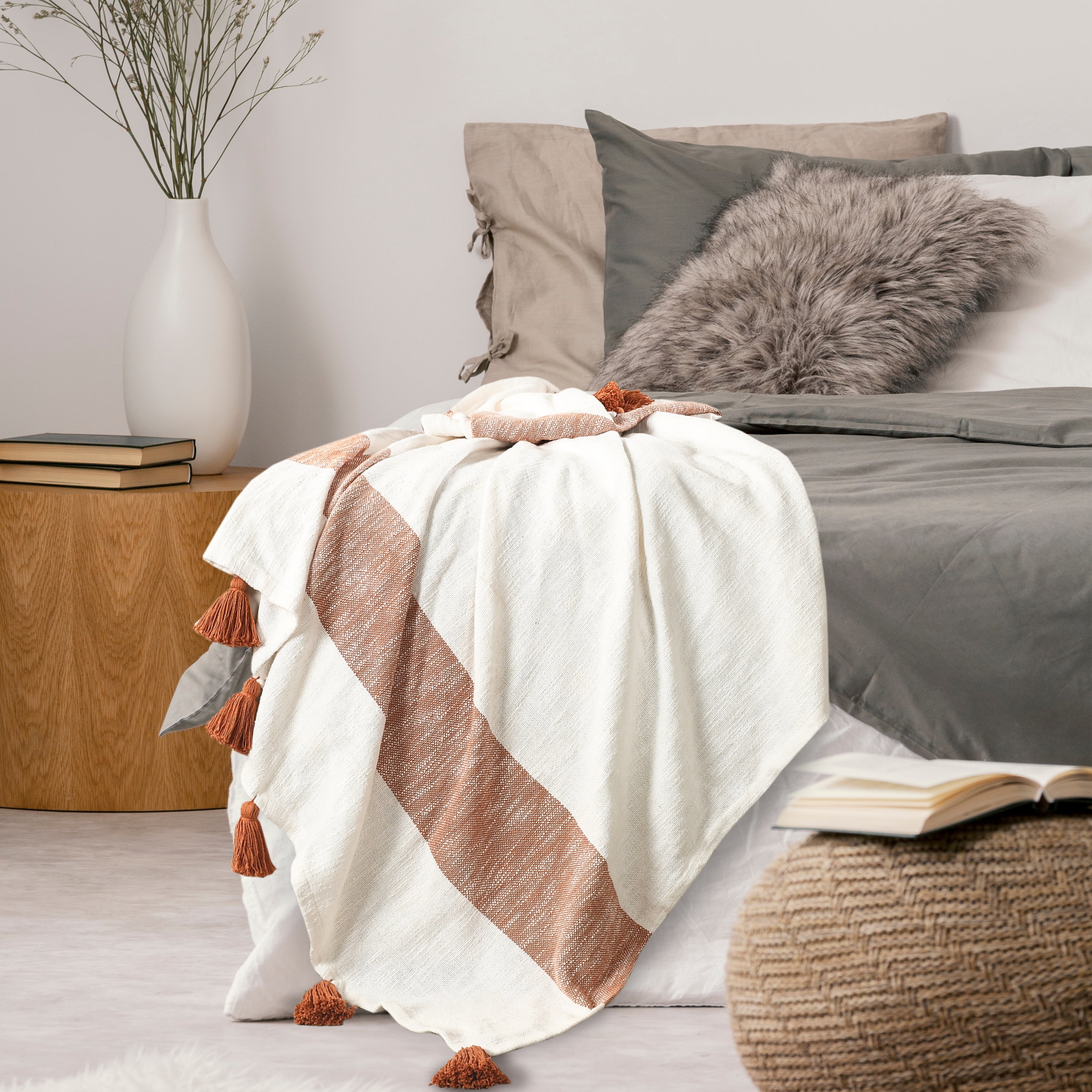 Ox Bay Orange Coastal Striped Adult Cotton Throw Blanket, 50" x 60"