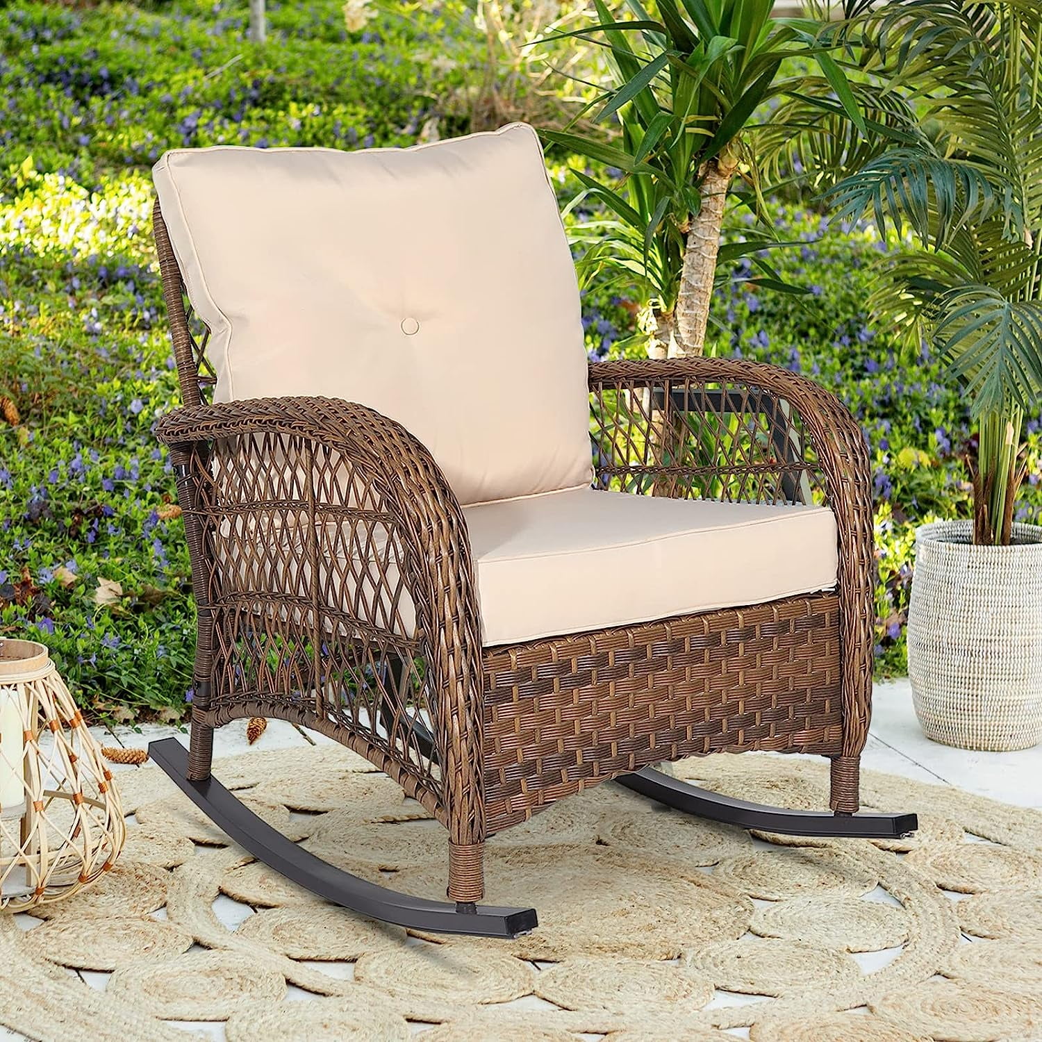 W WARMHOL Outdoor Wicker Rocking Chair with Thickened Cushions, All ...