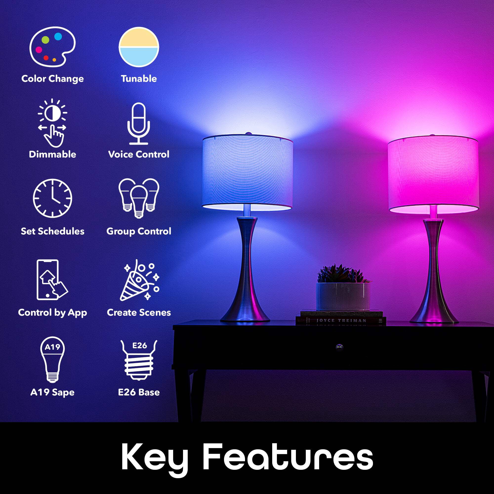 Geeni Prisma Plus 800 2700K-6500K Tunable and Dimmable A19, 60W Equivalent RGBW LED Smart WiFi Light Bulb, Works with Alexa and Google Home (4 Pack)