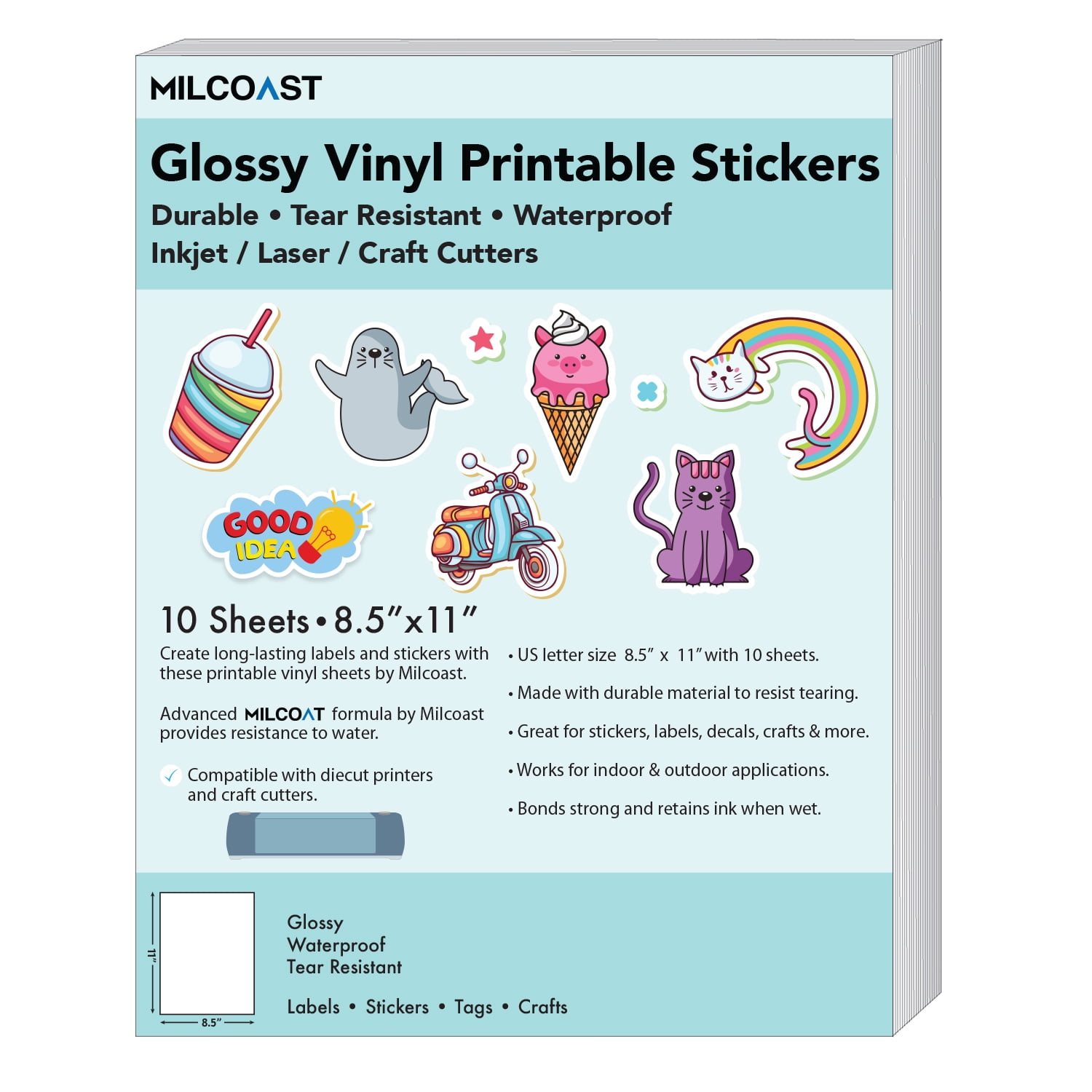 Milcoast Glossy Waterproof Printable Vinyl Full Sheet Sticker Paper