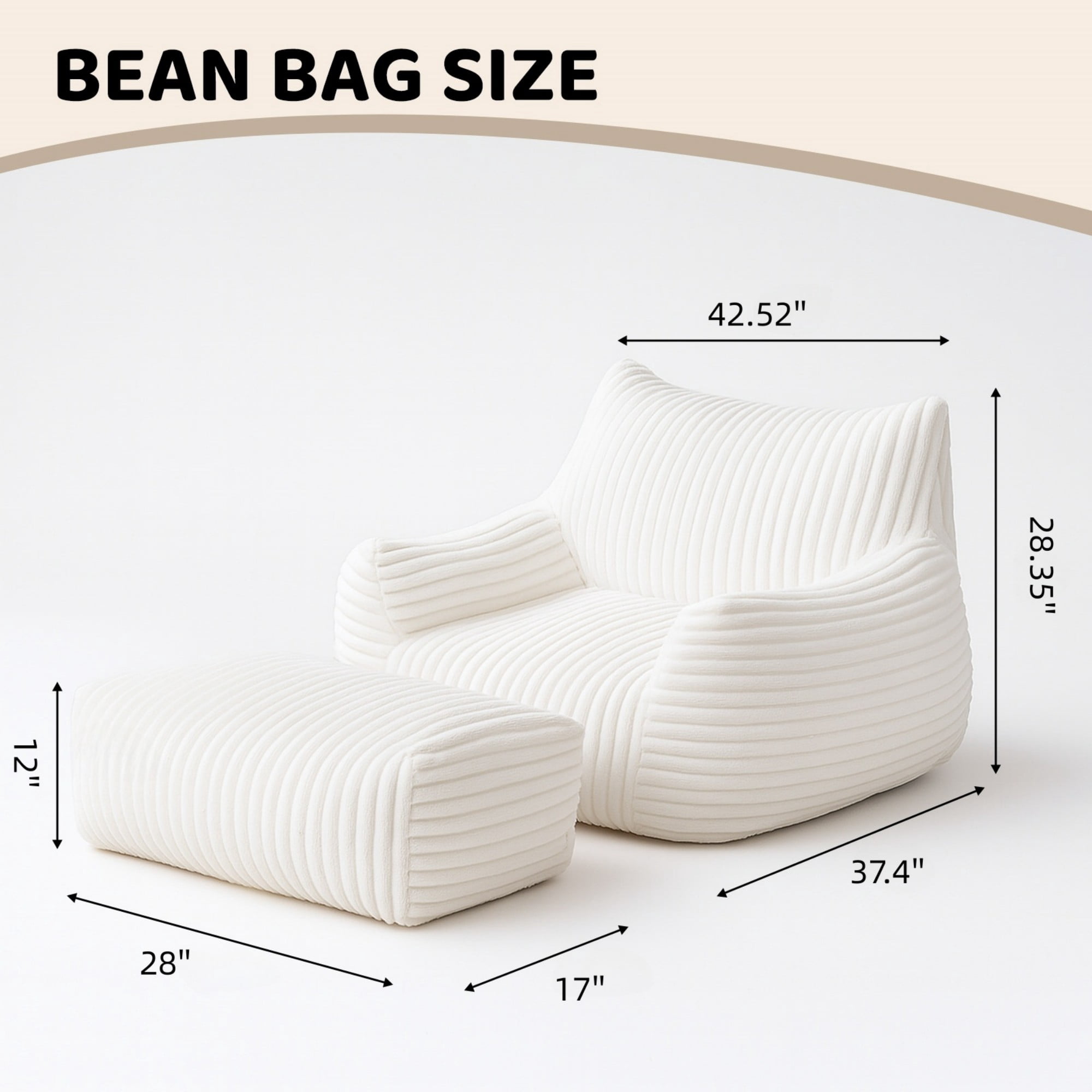 LLappuil Bean Bag Chair with Ottoman, Lazy Sofa Chair for Adults, Memory Foam Bean Bag Chairs with Filler Included for Living Room Bedroom Beige