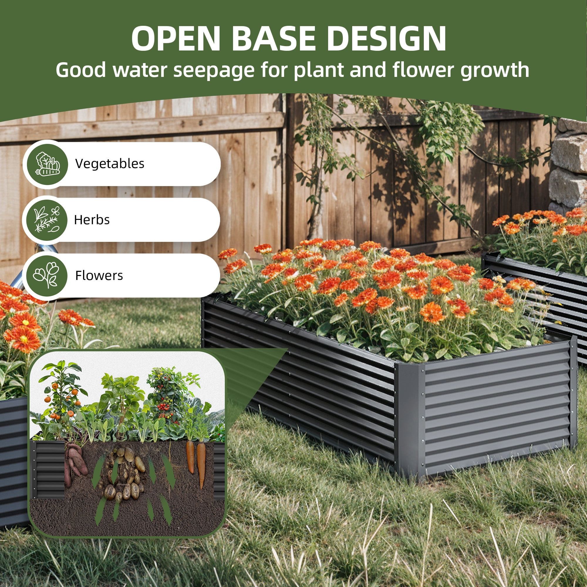 Uforic 2 Pack 8x4x2 ft Black Galvanized Raised Garden Bed Kit, Metal Planter Box with Gloves, Ground Nails & Support Rod, Outdoor Above-Ground Planter for Plants, Vegetables, and Flowers