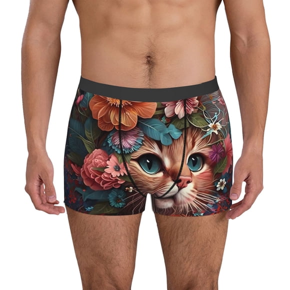 Saiise Flower Crown Cat Print Men’s Boxer Briefs, Soft and Comfortable Underwear with Moisture-Wicking Fabric for All-Day Wear-Large