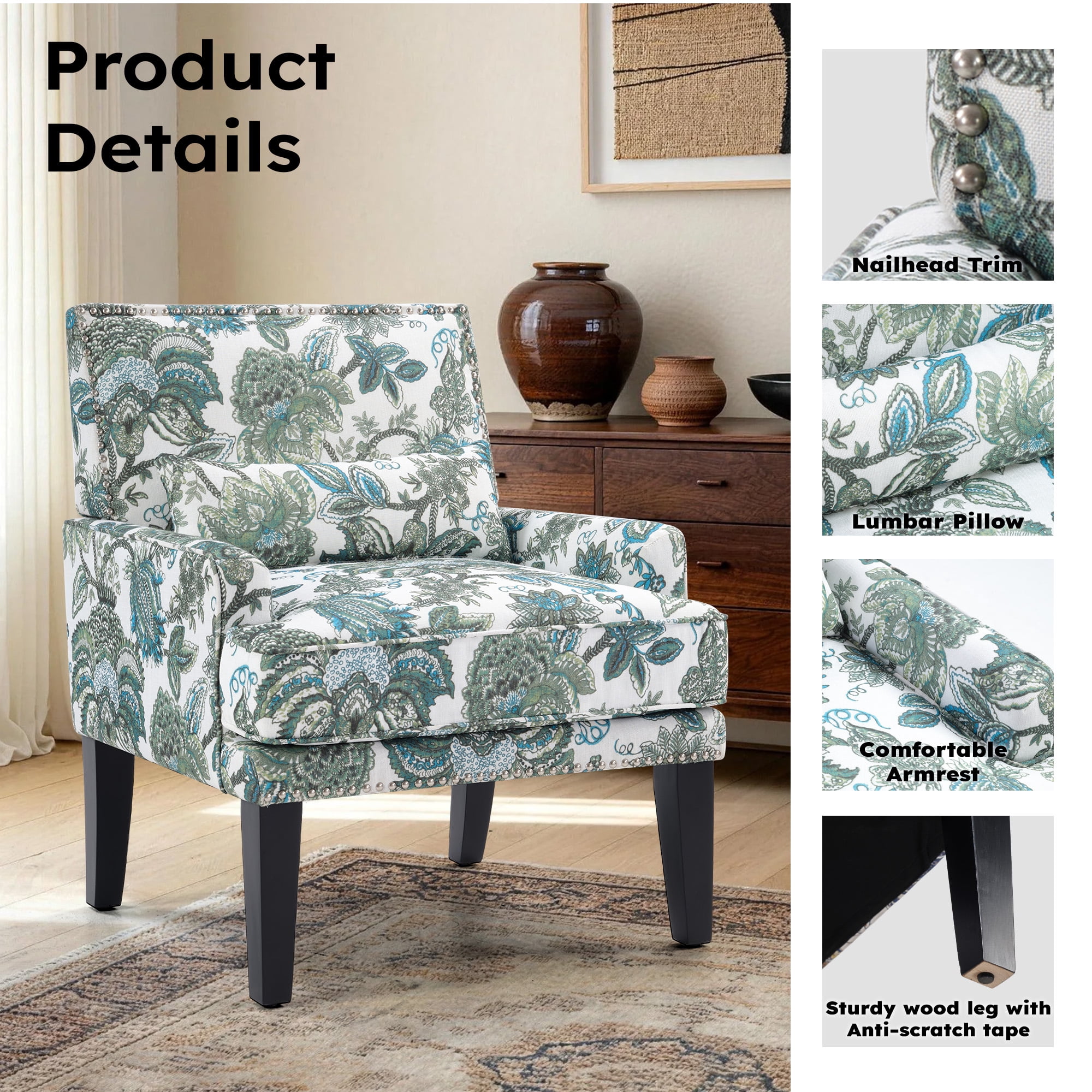 Bonzy Home Modern Floral Print Accent Chair with Arms and Wooden Legs, Mid‑Century High‑Back Wing Chair with Padded Armrests & Cushioned Seat for Living Room, Blue Green Floral