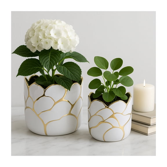 Modern Decorative Home Decor Planters for Flower Pots - Ideal for Indoor and Outdoor Plants for House Decor - Plant Pots for Garden Accent or Plant Stand Indoor - Set of 2, 7", 5", White & Gold