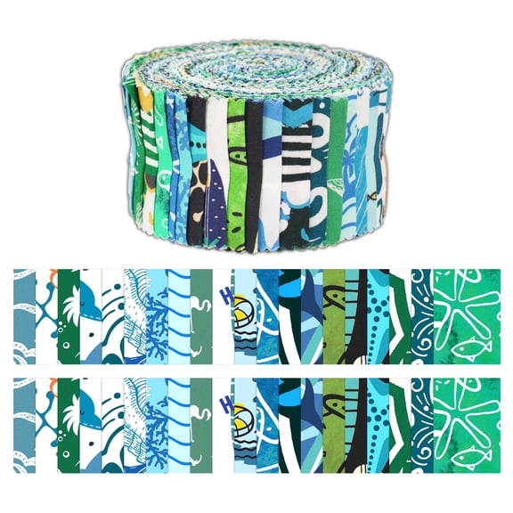 Soimoi 40Pcs Beach Print Cotton Precut Fabrics For Quilting Craft Strips 2.5x42 inches Jelly Roll - Blue & Green