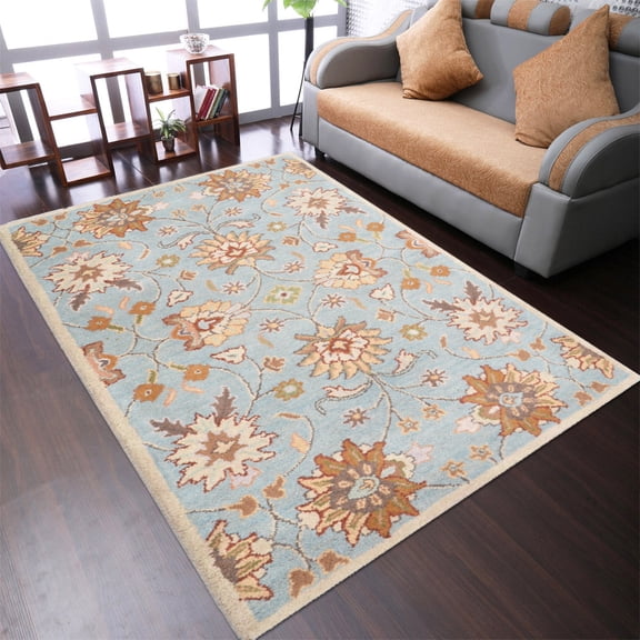 Rugsotic Carpets Hand Tufted Wool Eco-Friendly 5'x8' Area Rugs Rectangle Light Blue Floral Modern High Pile Thick Handmade Anti Skid Indoor Rug for Living Room, Bedroom K00660