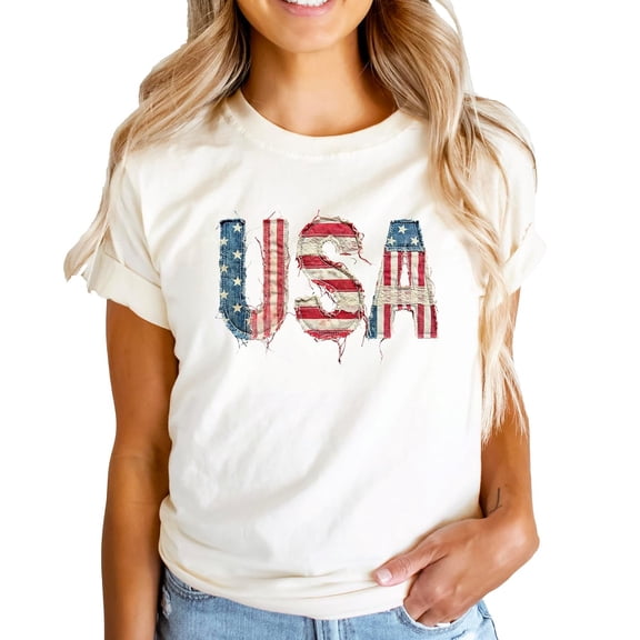 Distressed USA Flag Shirt for Women Girls Kids Vintage Patriotic 4th of July Family Matching Tee Natural Shirt Adult Small