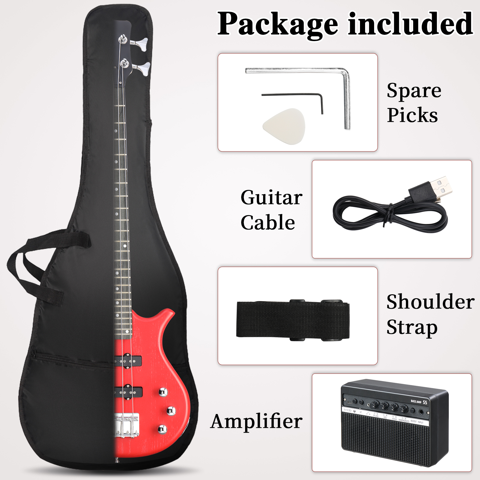 Ktaxon 36in Electric Bass Guitar with 2*10W AMP, SS Pickups, Bag, Strap, Cable, Red