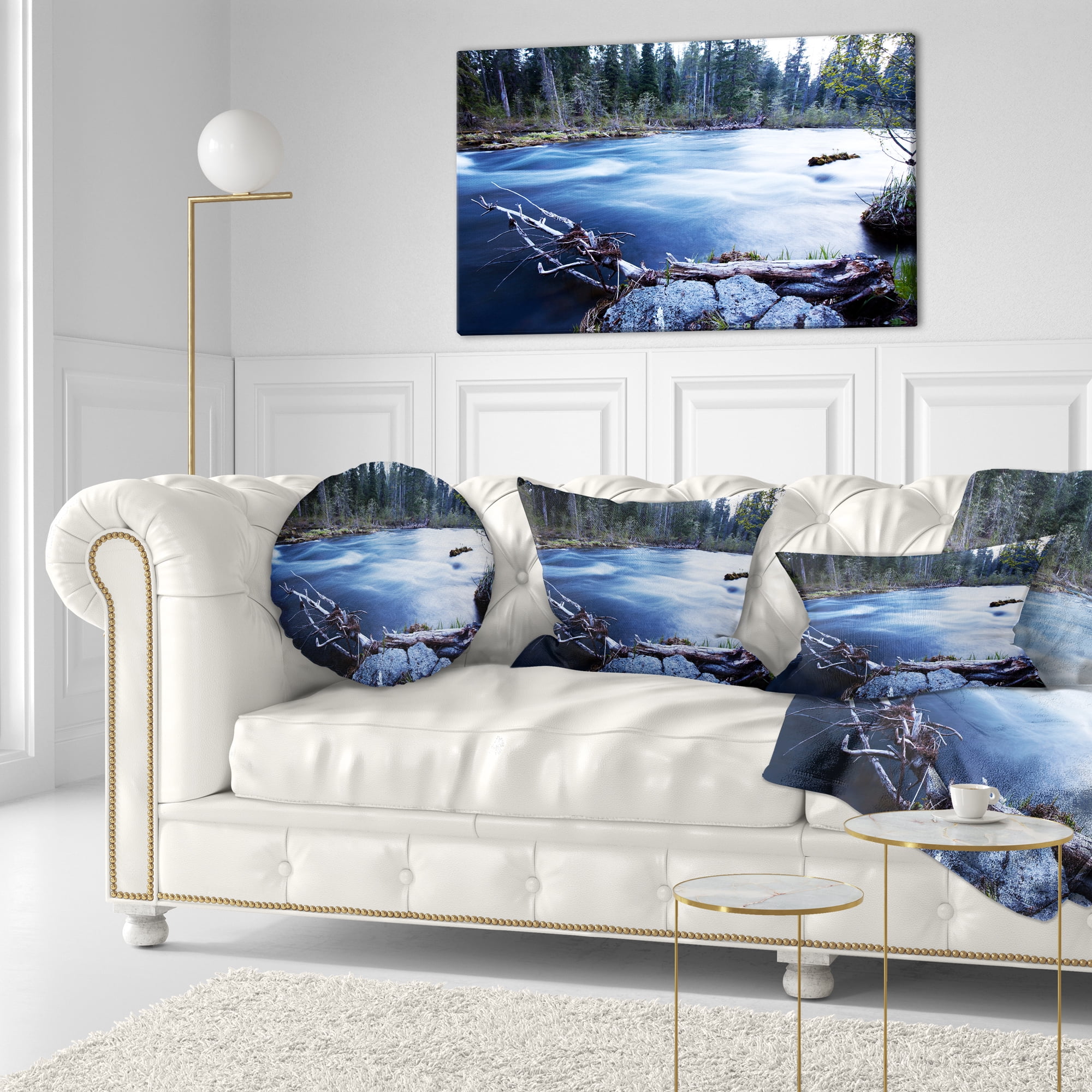 Designart Blue River in Forest At Evening - Landscape Printed Throw Pillow - 12x20