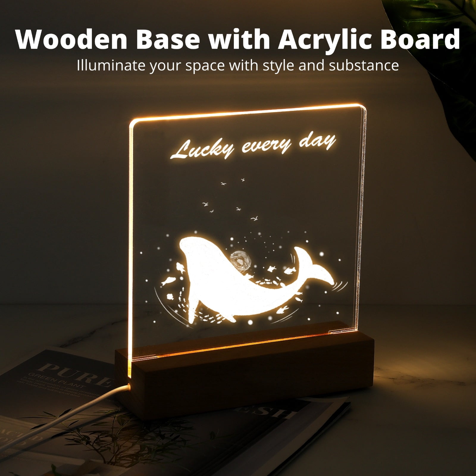 8 Pcs LED Wooden Display Stands, LED lamps with Acrylic Sheets, Transparent Acrylic Night Lights with USB Cables, Wooden Bases with Acrylic Boards for Writing, Drawing, DIY, Present