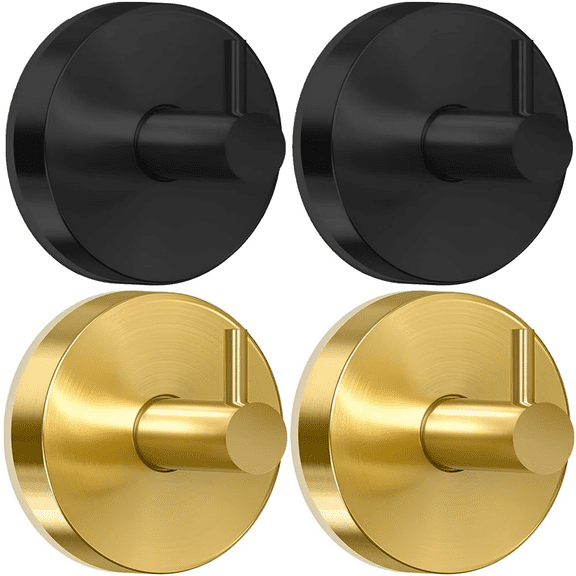 4-Pack Suction Cup Hooks for Bathroom & Shower, No Drill Heavy Duty Wall Hooks (2 Black & 2 Gold), Waterproof Removable Towel Hooks for Glass Door, Tile, Mirror, Robes & Accessories