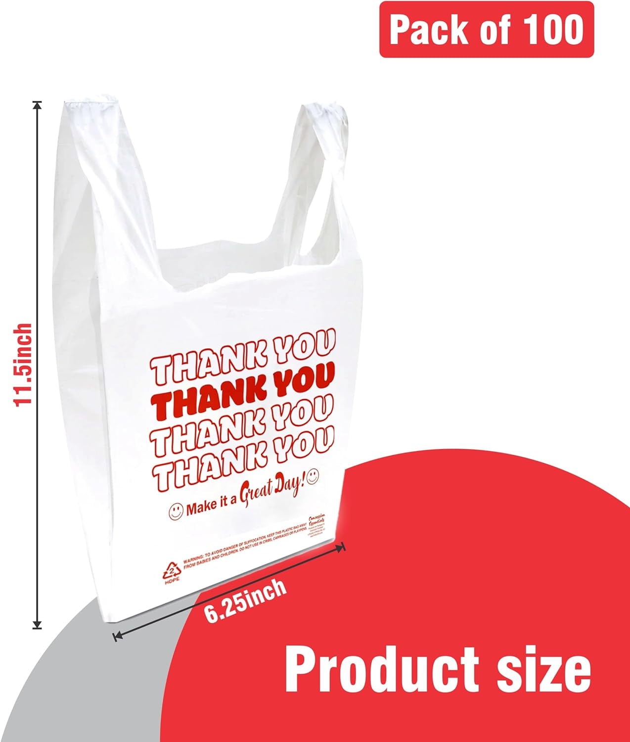 Concession Essentials Reusable Thank You Polyethylene, T Shirt Bags Pack of 100 White Count