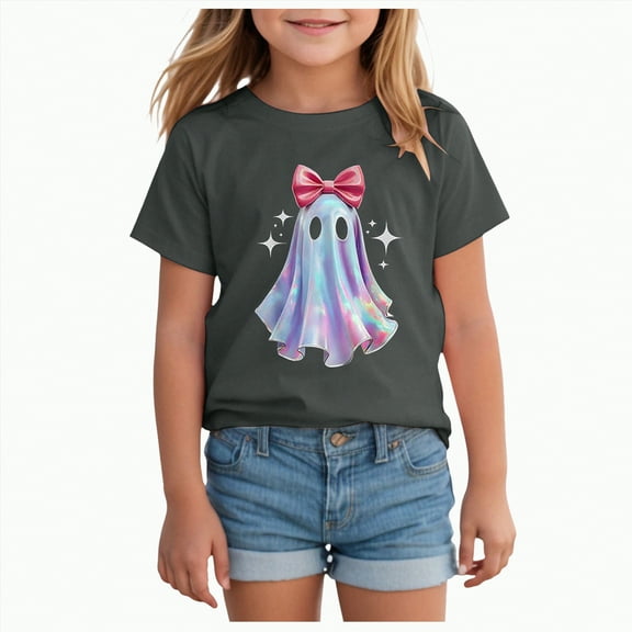 mgoYE Girl Outfits 9-12 Month Baby Girls Cotton Halloween T-Shirt Ghost Print Short Sleeve Tops Toddler Baby Tees Outfits|Grey 10-11 Years