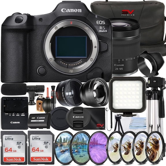 Canon EOS R5 Mark II Mirrorless Camera with Canon RF 24-105mm Lens   2 Pack 64GB Memory Card   Tripod   Case   SV Premium Accessory Bundle (International Version)