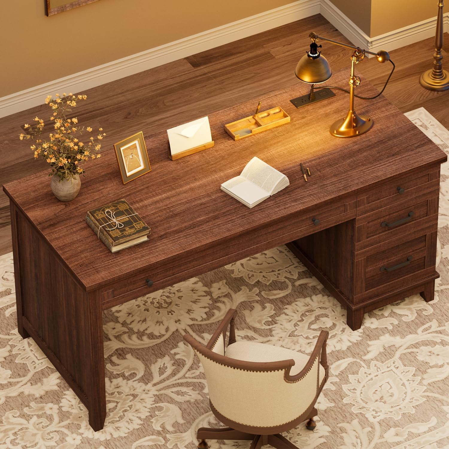CABIHOME Farmhouse Office Desk with Charging Station & File Drawer | 53.5" Wooden Computer Desk with Built-in USB Ports, Executive Computer Desk Workspace for Home Office