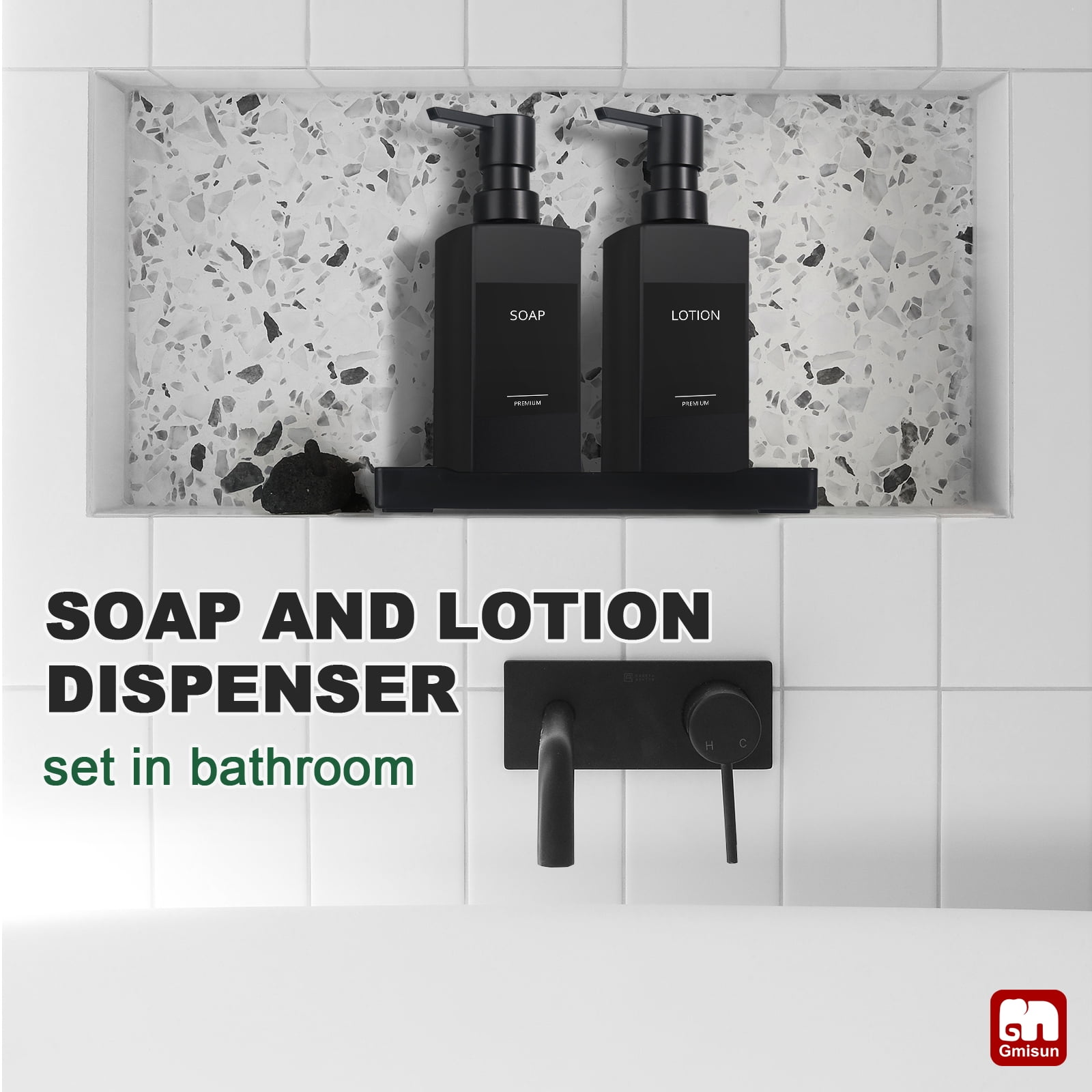 GM GMISUN Black Glass Soap Dispenser with Tray,Hand and Dish Soap Dispenser Set for Bathroom 12oz