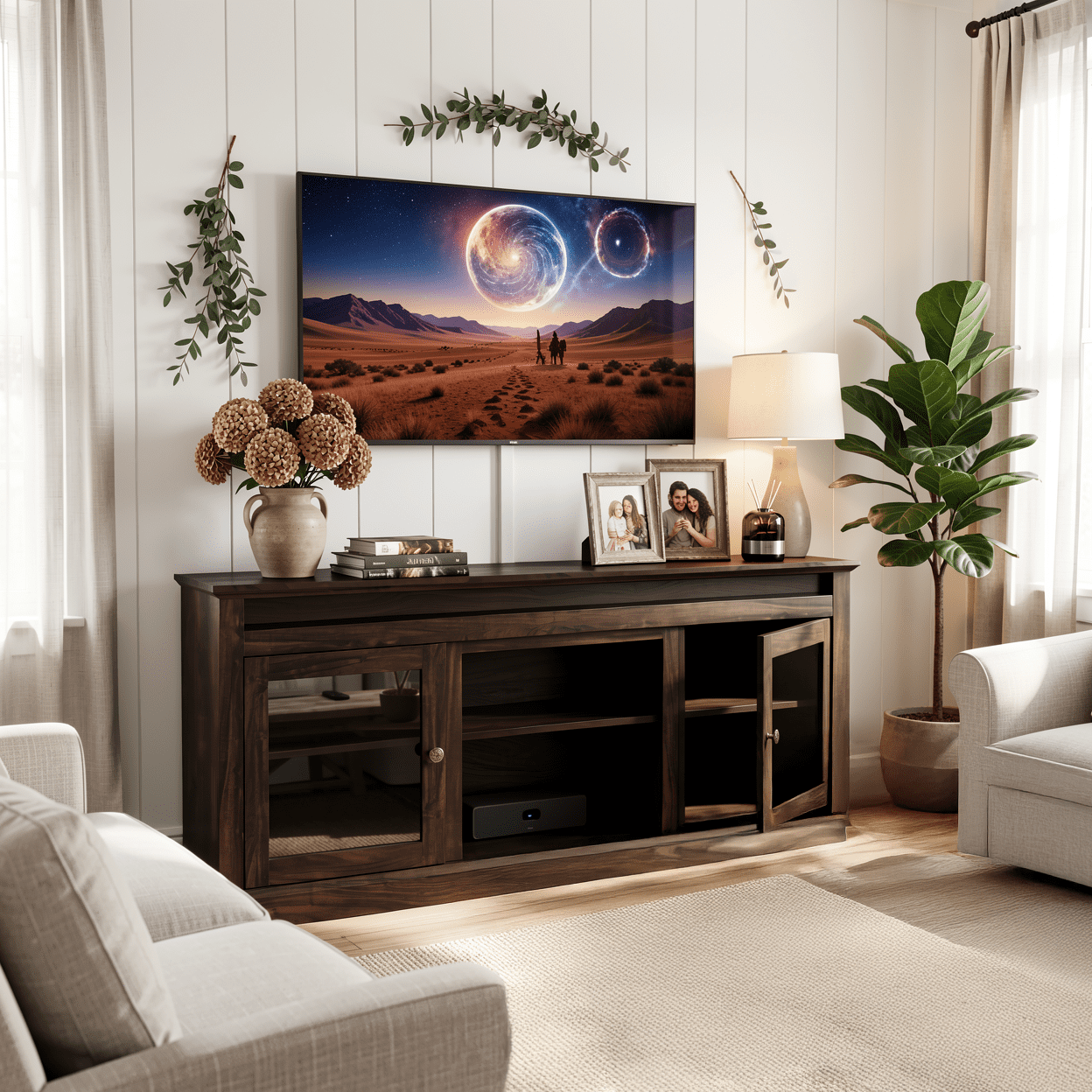 Homy Casa TV Stand for 65 Inch TV with Storage Cabinets and Cable Management for Living Room, Brown
