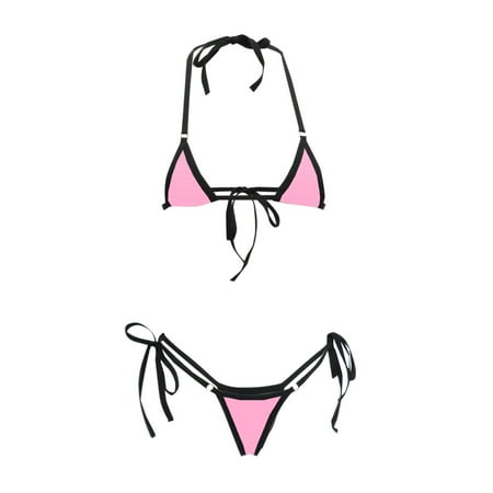 ZQGJB Sheer Mesh Halter Bikini Sets for Women Triangle String Sexy Lingerie Swimsuits 2 Piece Bathing Suit Beach Outfits(A02-Pink Free Size)