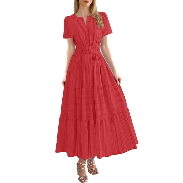 Vestido midi maxi informal de verano para mujer: vestido boho de playa con mangas cortas, cuello en V, cintura elástica y bolsillos - S-XXL