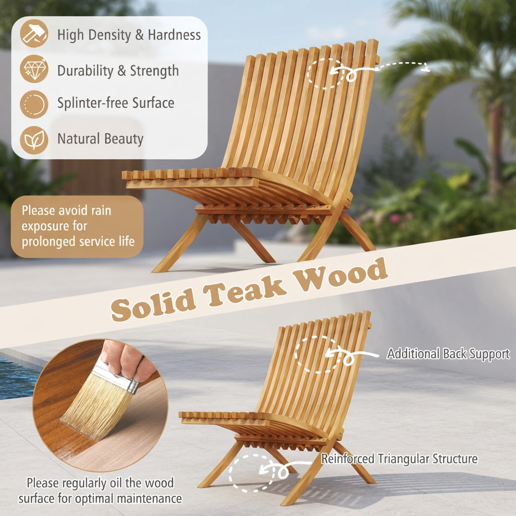 Hommoo Folding Teak Wood Outdoor Lounge Chair, Ergonomic Slatted Design, Compact Foldable for Patio, Backyard & Fire Pit Use, Natural