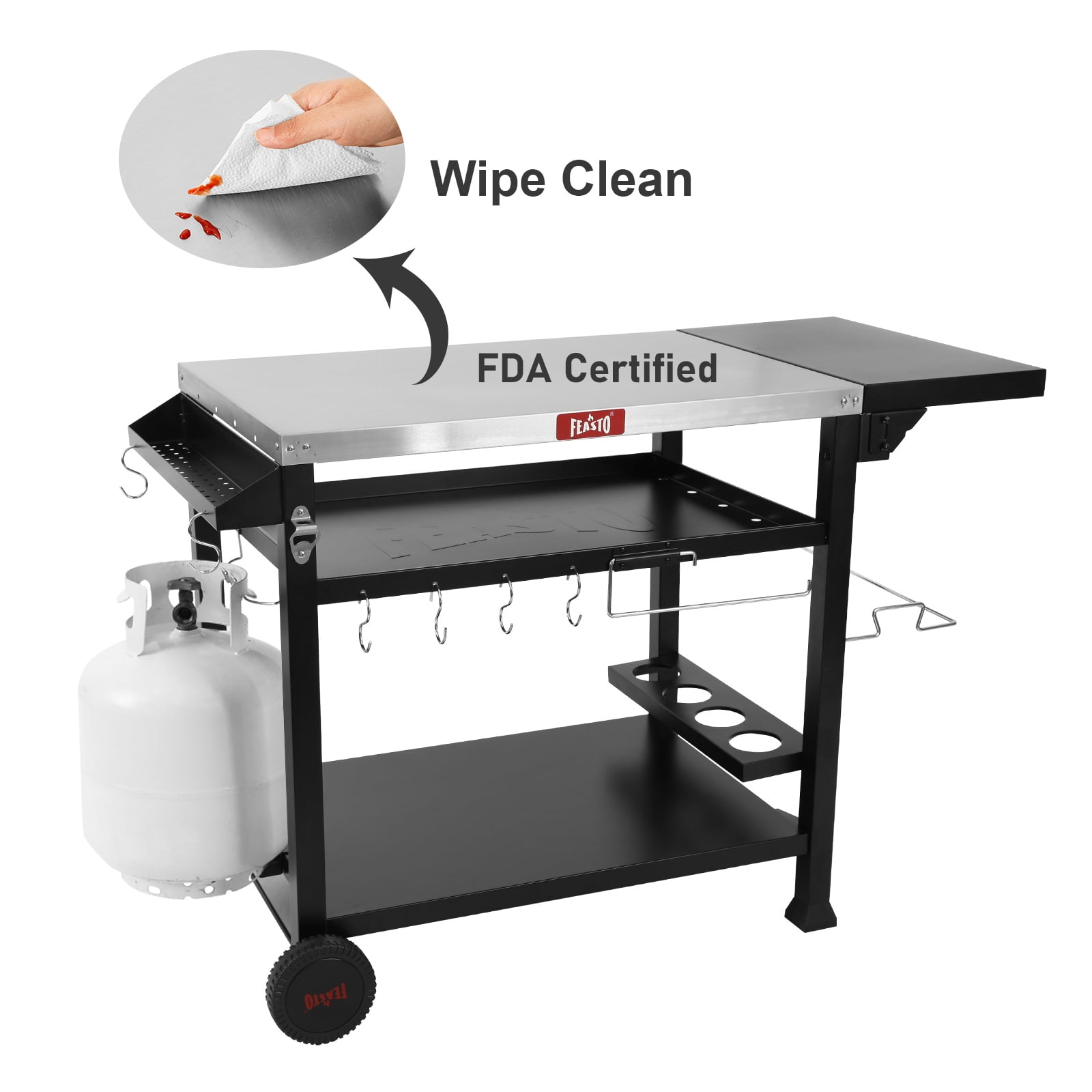 Feasto L50" 3-Tier Rolling Kitchen Cart, Stainless Steel Mobile Food Prep Table for Outdoor & Indoor Use