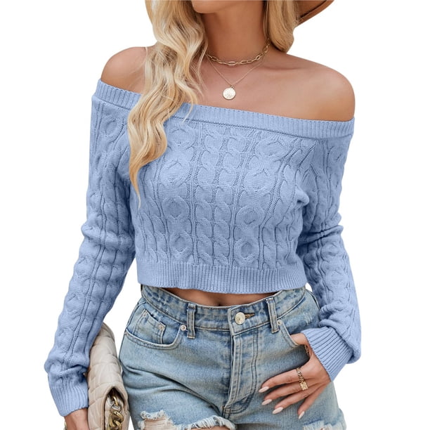 Suéter Corto de Punto con Cuello y Botones para Mujer, Larga, Dobladillo Acanalado. Azul M