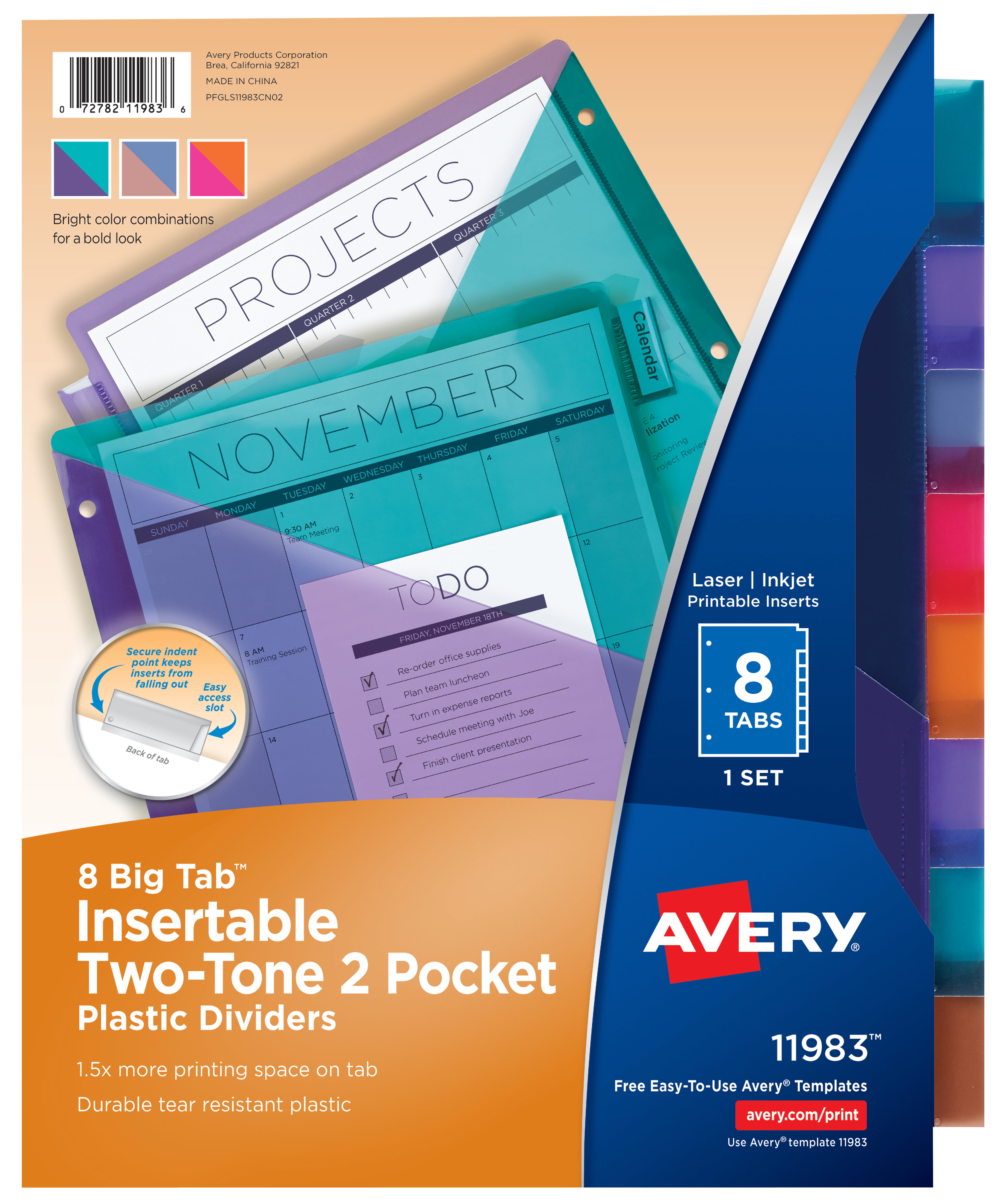 Insertable Multicolor Big Tabs Avery 8-Tab Plastic Binder Dividers with Pockets 