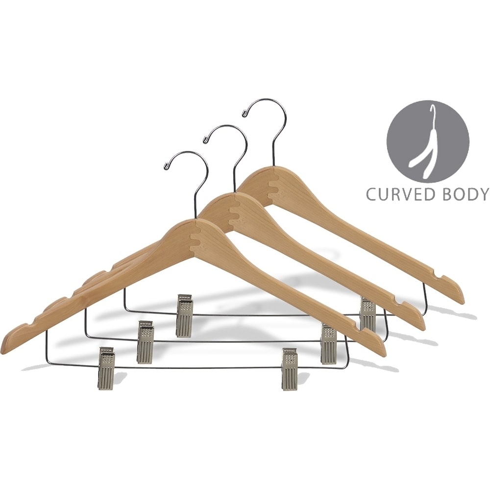 International Hanger Wooden Curved Combo Hanger, Natural Finish with Chrome Hardware, Box of 50