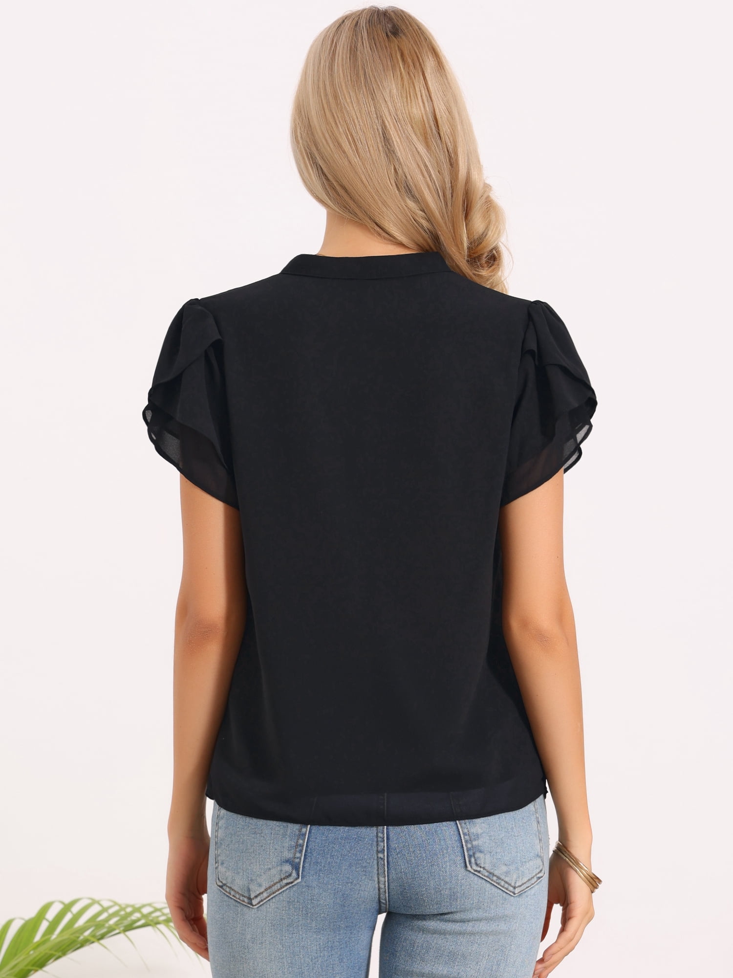DARING DIVA Women's Chiffon Casual Short Ruffle Petal Sleeve V Neck Shirts M Black