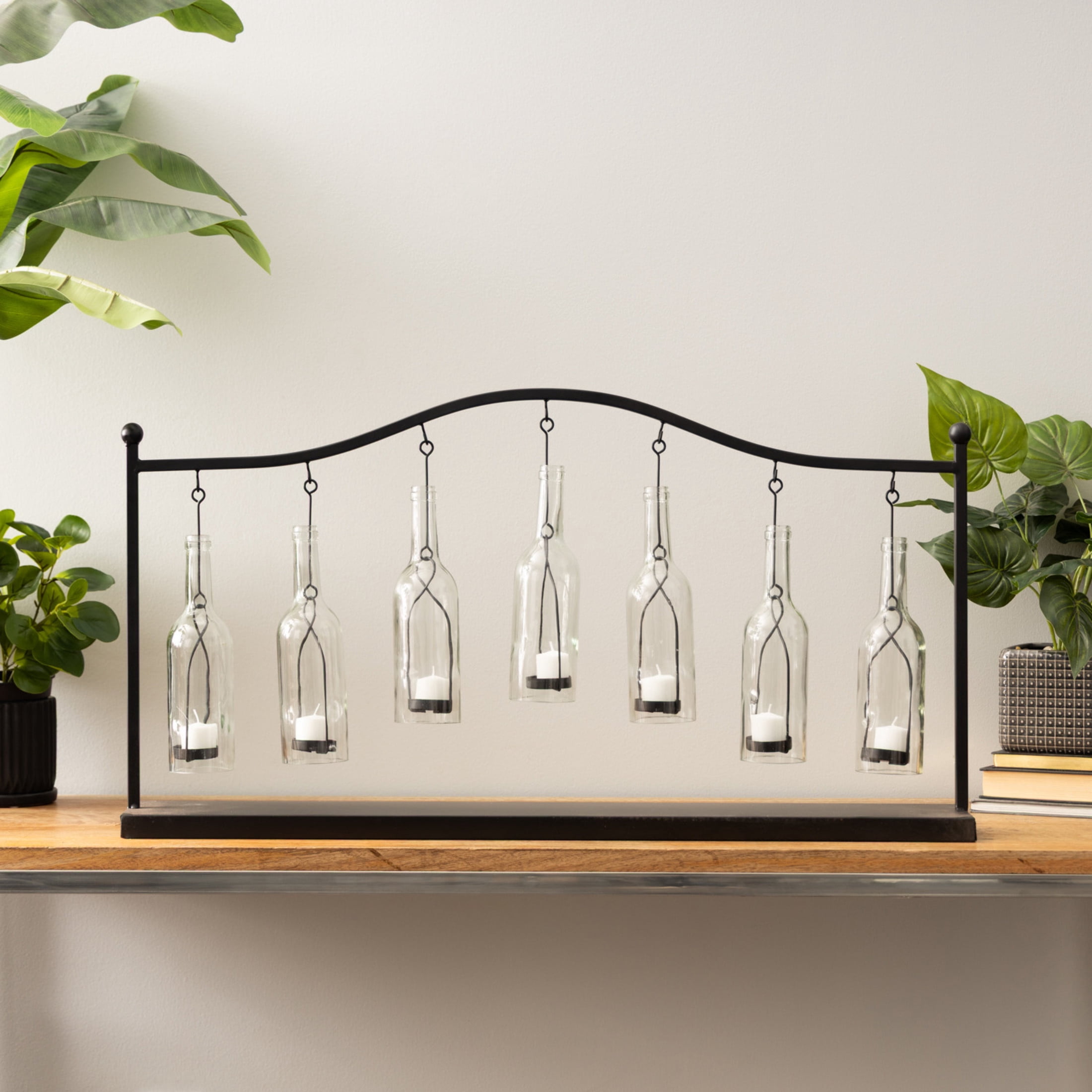 DecMode 7 Holder Black Metal Hanging Bottle Decorative Candle Lantern