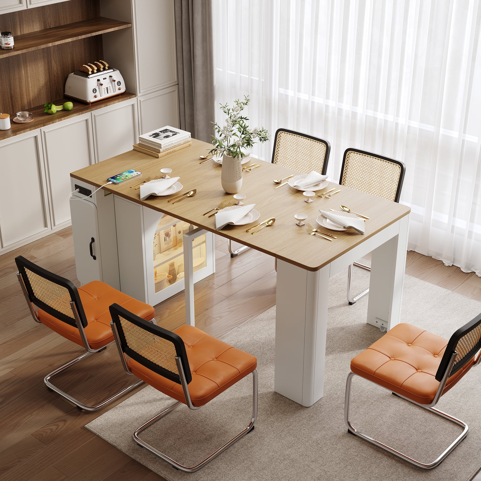 Noble House Horizon Extendable Dining Table,3 Removable Leaves with Mobile Rolling Island & Power Outlet,Creamy White + Natural