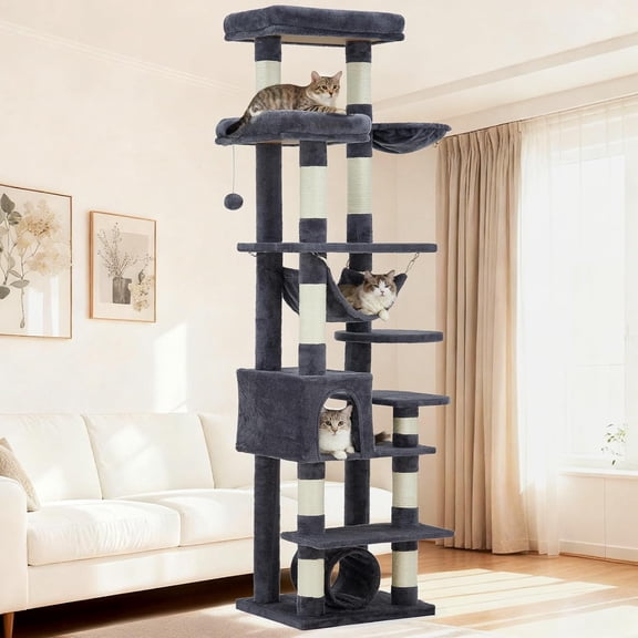 Acekid 74Inch Large Cat Tree for Big Cats,Multi-Level Tower with Scratching Posts, Condo, Perches, Hammock, Tunnel & Feeding Station,Dark Gray