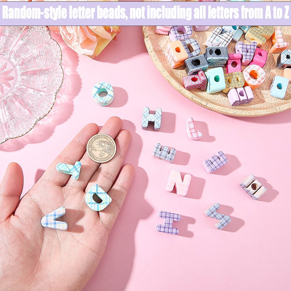 50Pcs Printed Opaque Acrylic European Beads Large Hole Beads Letter with Tartan Pattern Mixed Color 20~21x6~20x13~13.5mm Hole: 5.8mm 50pcs.