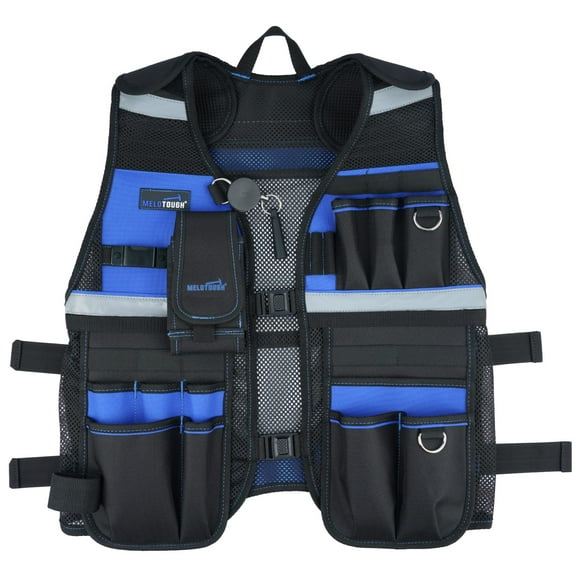 MELOTOUGH Gilet à Outils pour Hommes Gilet de Sécurité Réfléchissant avec Sangles Réglables, Support de Téléphone Amovible pour Électrique, Charpentiers, Construction, Bricoleur (Bleu)