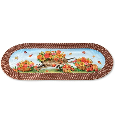 Fall Garden Braided Runner Rug - Features Outdoor Harvest Scene and Brown Border, Festive Accent for Hallways or High Traffic